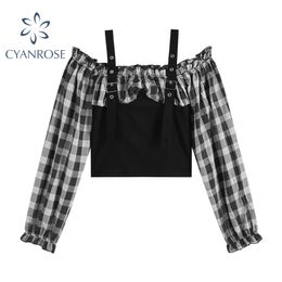 Crop Plaid Patchwork Fake 2 Pieces Blouses Or Tops Women Long Sleeve Party Club Bar Slim Sexy Shirts Punk Strap E-Girl Blusas 210417