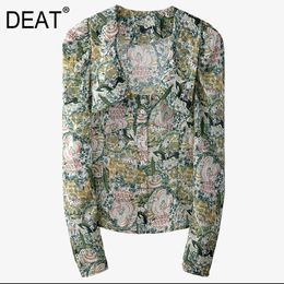 Women Color Printing Chiffon Floral Blouse Polo-neck Long Puff Sleeve Slim Fit Shirt Retro Fashion Summer 7D001225 210421