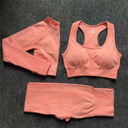 2/3pcs Women Seamless Yoga set Fitness Sports Suits GYM Bra Long Sleeve Shirts High Waist Running Leggings Workout Clothing 210802