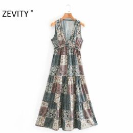 women vintage agaric lace v neck cloth patchwork print casual slim dress female sleeveles vestido chic dresses DS4503 210420