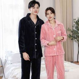 Flannel Couple's Pajamas Set Long Sleeve Soft Solid Thick Pajama Sets Women Warm Mens Sleepwear Nightgown Spring Home Clothing 210524