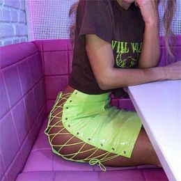 OMSJ Sexy Club Female Mini Pencil Skirt Women High Waist Lace Up Neon Green Orange Solid Bodycon Hollow Out Bandage Skirts 210619