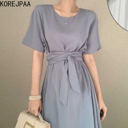Korejpaa Women Dress Summer Korean Chic Style Elegant Commuting Solid Round Neck Tie Waist Slim Short Sleeve Midi Dresses 210526