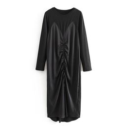 Vintage Stylish Satin Patchwork Dress Fashion Women O Neck Fold Dresses Elegant Ladies Ankle Length Long Sleeve 210531