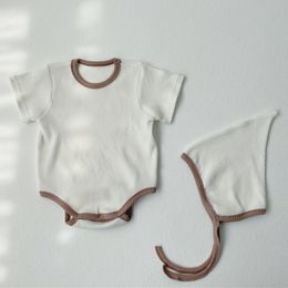 Summer Baby Clothes Set Solid Colour Short-sleeve Romper Cute Infant Boy and Girl Triangle Jumpsuit With Hat 210515