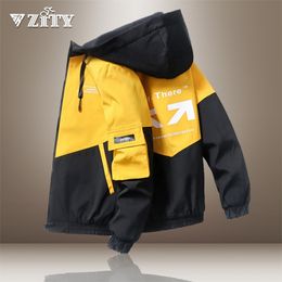 Zity Jacket Men Spring and Autumn High Street Trendy Printing Cargo Coat Stitching Colour Windproof Hooded Coat Zip Up Hoodie 211029