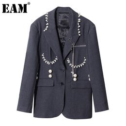 [EAM] Women Grey Pearl Chain Single Breasted Blazer Lapel Long Sleeve Loose Fit Jacket Fashion Spring Autumn 1DD5927 210512