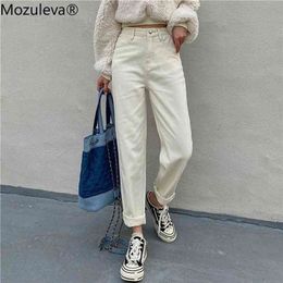 Mozuleva White Jeans for Women High Waist Harem Mom Spring Long Streetwear Fleece Losse Denim Pants 210809