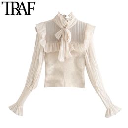 TRAF Women Fashion Organza Patchwork Ruffled Knitted Sweater Vintage High Neck With Bow Tied Female Shirts Chic Tops 210415