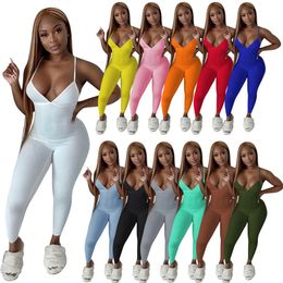 Summer Women Rib Jumpsuits Plus Size 2XL backless Rompers Solid straps Jump Suits Skinny Bodysuits Casual knitted Overalls Black leggings DHL SHIP 5385