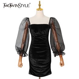 Black Ruched Velour Dress For Women Square Collar Puff Long Sleeve High Waist Mini Dresses Female Fashion 210520