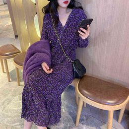 Purple Printed Fishtail Dress Women's Spring and Autumn V-neck Chiffon Maxi Dress Woman Dress Vestido De Mujer Femme Robe Y1204