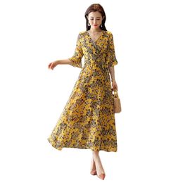 Floral Chiffon Dress Women Yellow S-3XL Plus Size Mid-calf es Spring Summer Korean V Neck Elegant Slim LR142 210531