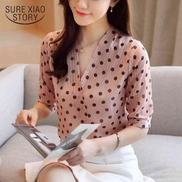 Dot V-neck Tops and Blouses Women Summer Blouse Short Sleeve Korean Chiffon Shirt Womens Clothing 8980 50 210417