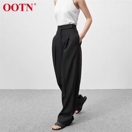 OOTN Black Pleated Palazzo Pant High Waist Casual Summer Trousers Work Wear Floor-Length Loose Office Ladies Pants 220311