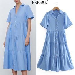 Dress Blue Ruffle Long es Women Casual Short Sleeve Woman Summer Fashion Loose Button Up Shirt 210519