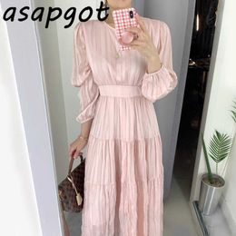 Slim Temperament Gentle O Neck Puff Long Sleeve Pleated Dress Women Long Solid Elastic Waist Loose Pink Dress Vestido De Mujer 210610