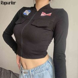 Fashion Letter Cropped Bomber Short Black Jacket Women harajuku Autumn Long Sleeve Zipper Coat Slim Tops female Rapwriter 210415