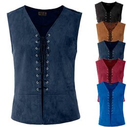 Suede Bandage Men Vest Slim Fit Leisure Male Gentleman Waistcoat for Wedding Vintage Retro Vest Wasitcoat Classic Social Gilet 210524