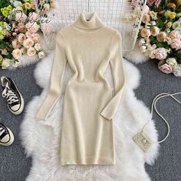 Autumn Winter Women Turtleneck Knitted Long Sleeve Solid Fashion Warm Office Lady Sexy Bodycon Sweater Dress 210415