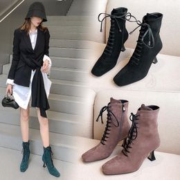 Boots 2021 Winter Women England Style Pointed Lace Up Ankle High Heel Shoes Short Fashion Ladies Size 35