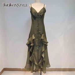 Sexy Aptchwork Ruffle Female Dress V Neck Sleeveless High Waist Midi Sling Dresses Fashion Clothing Summer 210520