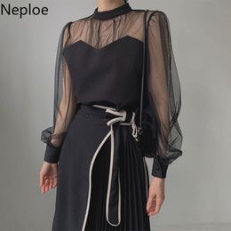 Neploe Korean Blouse Women Stand Neck Gauze Patchwork Puff Sleeve Shirt Lace Up Pleated Dresses Elegant Tops Chic Clothes 4H124 210422
