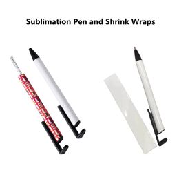 2 IN 1 Sublimation Pens with Shrink Wraps Cartridge DIY Blanks Phone Holders Thermal Heat Transfer White Ballpoint Gel Pen Wholesale Unique Gifts for Students