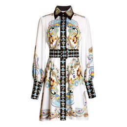 PERHAPS U Vintage Baroque Paisley Print Turn Down Collar Puff Long Sleeve Sash A-line Mini Dress Female Women Summer D2571 210529