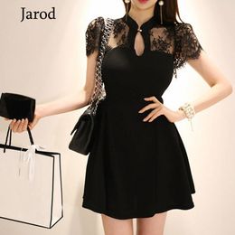 Summer Women Black Lace patchwork Short Sleeve Stand collar Elegant Office Mini Dress Vintage A-line Dresses Vestidos 210518