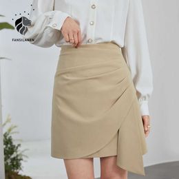 FANSILANEN Elegant pleated high waist skirt Women office lady blue short Spring summer vintage asymmetrical female 210607