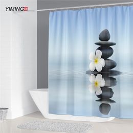 YIMING 3D stone running water Buddha waterproof Mould proof washable Zen shower curtain 210402