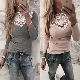 Womens Warm Long Sleeve Knitted Lace Blouse Ladies Tops Pullover Jumper Lace Shirt 210419