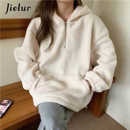 Jielur Lamb Cashmere Winter Women Hoodies Sweatshirt Fashion Warm Pockets Zipper Hooded Apricot Grey Pink Pullover M-XL 211206