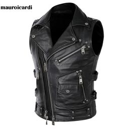 Mauroicardi Autumn Black Motorcycle Leather Vest Men Zipper Pockets Plus Size Faux Leather Biker Sleeveless Jacket 4xl 5xl 211110