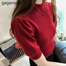 Half Turtleneck Knitted T-shirts Women Puff Short Sleeve Ribbed Spring Summer Tops Solid Knitting T Shirt For Female 210601