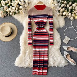 Women Stripe Knitted Dress Autumn O Neck Long Sleeve Elastic Slim Pencil Dresses Fashion Warm Bodycon Sweater Dress 210419