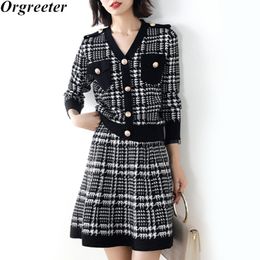 Houndstooth Fashion Knitted Sweater Skirt Two piece set Women's Casual Single-breasted Pullover Knit Tops and A-line Skirts Sets 210330