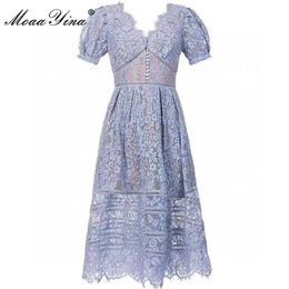 Fashion Designer Summer Lace Dress Women's Puff Sleeve Hollow Out Bohemian Elegant Ladies A Line Midi 210524