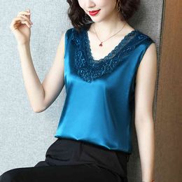 Korean Silk Women Tops Woman Satin Tank Elastic Embroidery Lace Tees Basic Halter Plus Size Tanks Camis 210427