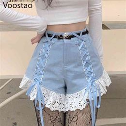 Sweet Lolita Style Shorts Summer Women Korean Lace Ruffles Patchwork Bandage High Waist Female Harajuku Punk Short Pants 210722