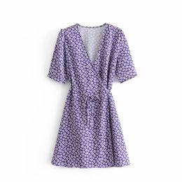 Stylish Retro Purple Small Daisy Wrap Dress With Bow Sashes Vintage Chic Elegant Women V-Neck Dresses Casual Ladies Vestidos 210520