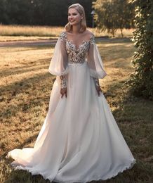 Long Sleeve Wedding Dresses 2021 Chapel Train A-Line Tulle Bridal Gowns V-Neck Backless Women Lace Appliques Summer Illusion Elegant Bride Dress