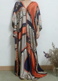 Ethnic Clothing Bohemian Printed Summer Silk Kaftan Maxi Dress Oversize V-neck Beach Robe Match Scarf African Dresses For Women