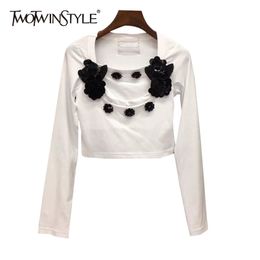 Korean Patchwork Floral Short Tops For Women Square Collar Long Sleeve Casual T Shirt Female Fashion Clothing 210524