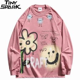 Men Hip Hop Streetwear Sweatshirt Graffiti Flower Letter Face Print Thin Pullover Harajuku Cotton Casual Spring Sweatshirt 210720