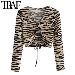 Women Fashion With Drawstring Animal Print Cropped Blouses Vintage V Neck Long Sleeve Female Shirts Chic Tops 210507