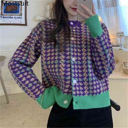 Color-blocked Houndstooth Women Cardigan Tops Full Sleeve O-neck Single-breasted Vintage Korean Fashion Ladies Jumpers Sweaters 210513