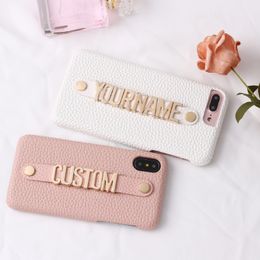 Holding Strap Metal Personalization Your Name Pebble Grain Leather Phone Case For iPhone 12 11 Pro XS Max XR 7 7Plus 8 8Plus X