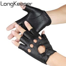 LongKeeper Half Finger Gloves Men Women Hollow PU Leather Mittens Black Fingerless Female Dancing Show Driving Luvas1